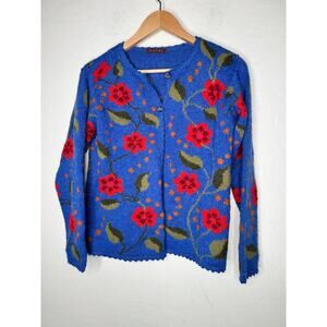 Royal Knitwear Women Royal Blue Floral Cottage Core Size Medium Wool Cardigan